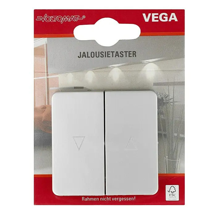 Voltomat VEGA Jalousietaster - Silber, Glänzend, Unterputzmontage, 10 A - Ein Voltolmat Vega Jalousietaster in seiner Verpackung. Ideal zur Steuerung von Jalousien im Haus.