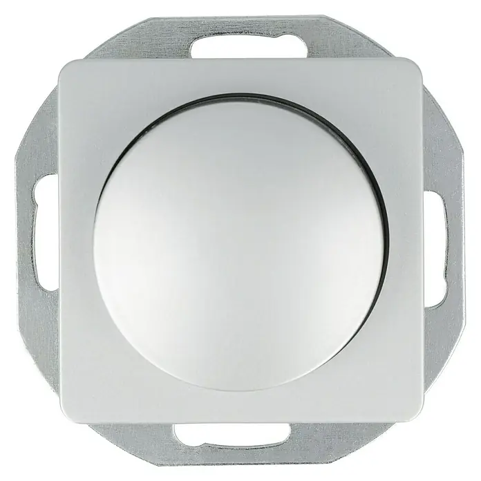 Voltomat VEGA Dimmer für konventionelle Trafos - Silber - Nahaufnahme eines weißen, runden Lichtschalters mit quadratischer Blende und silberner Montageplatte auf schwarzem Hintergrund.