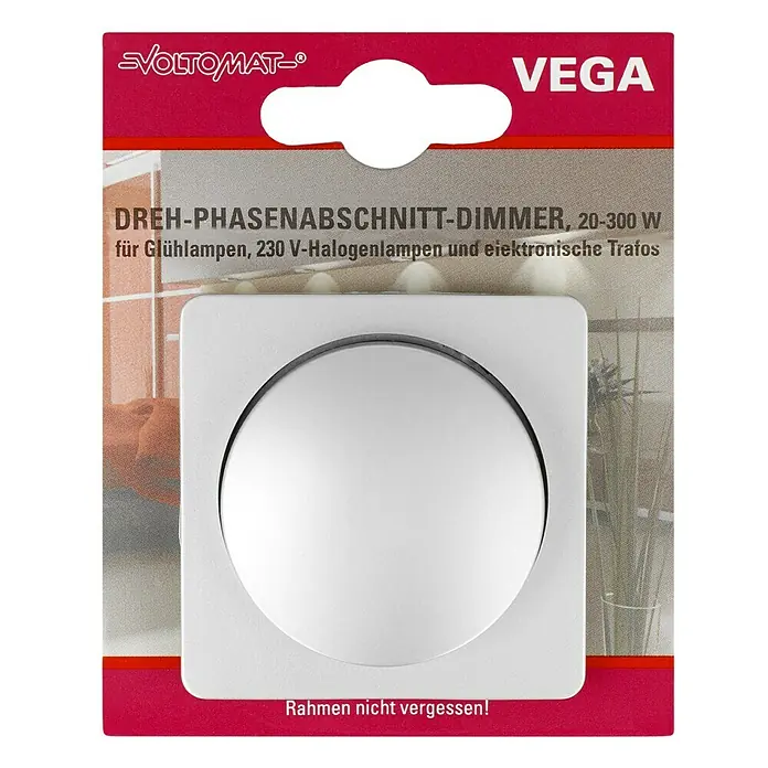 Voltomat VEGA Dimmer für elektronische Trafos - Silber - Nahaufnahme eines VEGA Dreh-Phasenabschnitt-Dimmers mit einer Leistung von 20-300 W für Glühlampen und Halogenlampen.