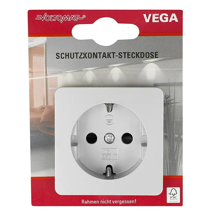 Voltomat VEGA Steckdose mit erhöhtem Berührungsschutz - Silber, Kunststoff, 1-fach, 1 Stk. - Nahaufnahme einer Voltomtat VEGA Schutzkontakt-Steckdose in Weiß, verpackt in einer roten Kartonverpackung.