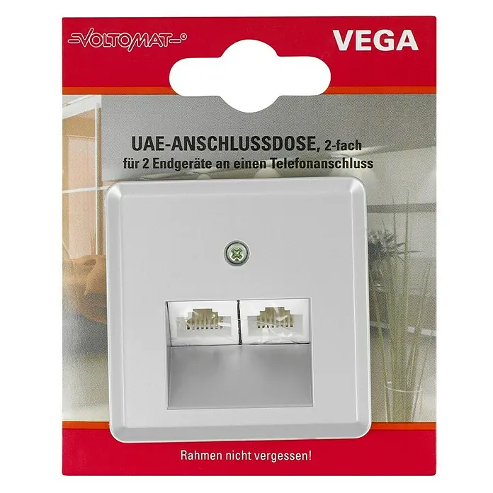 Voltomat VEGA UAE-Dose - Silber, Kunststoff - Produktverpackung einer weißen VOLTOMAT VEGA UAE-Anschlussdose mit zwei Anschlüssen für Endgeräte.