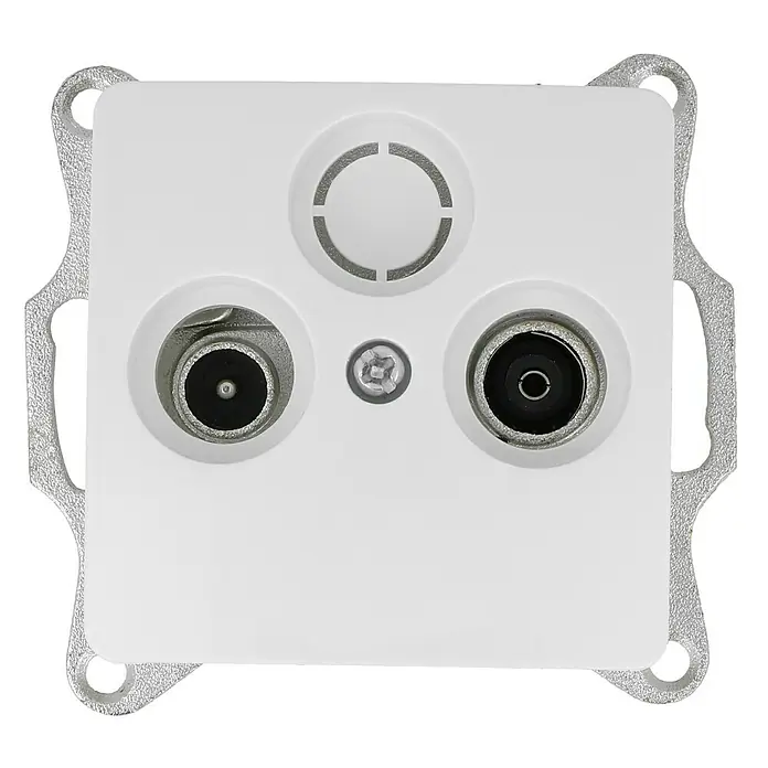 Voltomat DIVA Antennendose - Ultraweiß - Nahaufnahme einer weißen Antennensteckdose mit zwei Koaxialanschlüssen und einer Abdeckung für Rundfunk oder Ähnliches.