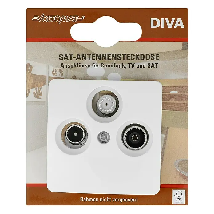 Voltomat DIVA Antennendose SAT - Ultraweiß - Eine weiße Sat-Antennensteckdose "DIVA" von VOLTOMAT® mit drei Anschlüssen für Rundfunk, TV und SAT im Detail.