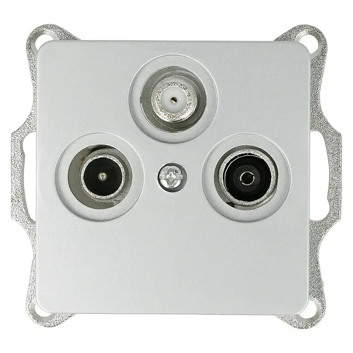Voltomat VEGA Antennendose - Silber - Nahaufnahme einer silbernen Antennensteckdose mit drei Anschlüssen und einer Schraube in der Mitte, ideal für TV und Radio.