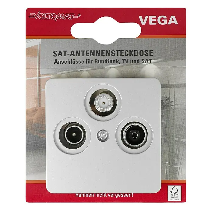 Voltomat VEGA Antennendose - Silber - Eine Sat-Antennensteckdose der Marke Voltomt VEGA, mit Anschlüssen für Rundfunk, TV und SAT.