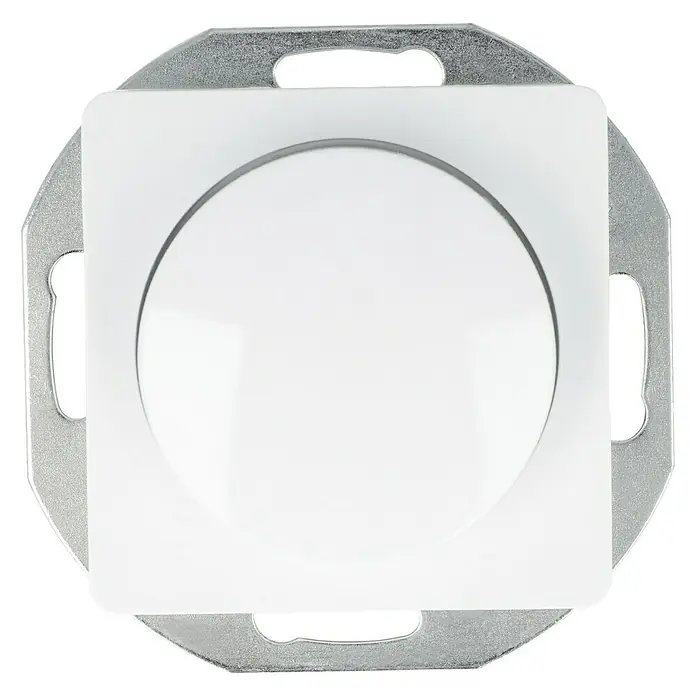 Voltomat DIVA Dimmer für konventionelle Trafos - Ultraweiß - Nahaufnahme eines quadratischen, weißen Busch-Jaeger-Dimmers, der auf einer grauen Metallhalterung montiert ist und eine elegante Beleuchtungssteuerung bietet.