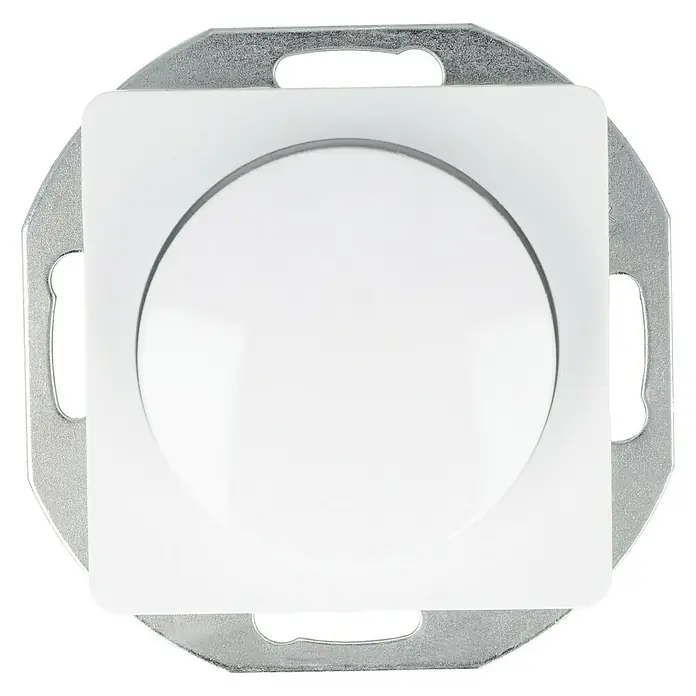 Voltomat DIVA Dimmer für elektronische Trafos - Ultraweiß - Nahaufnahme eines quadratischen, weißen Dimmers mit runder Taste und silberner Montageplatte, ideal für stilvolle Lichtsteuerung.