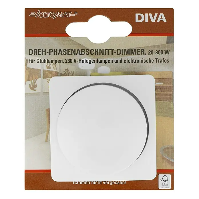 Voltomat DIVA Dimmer für elektronische Trafos - Ultraweiß - Verpackung eines VOLTOMAT-Dimmers "DIVA" für Glühlampen, Halogenlampen und elektronische Trafos mit einem Leistungsbereich von 20-300W.