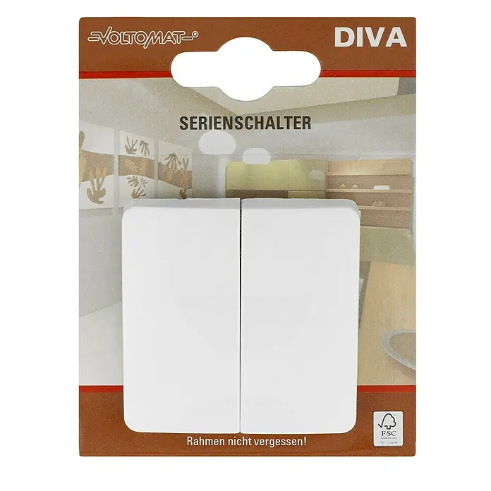 Voltomat DIVA Serienschalter - Ultraweiß, 10 A - Produktbild eines Voltomat Diva Serienschalters in Weiß, verpackt in einer braunen Kartonverpackung.