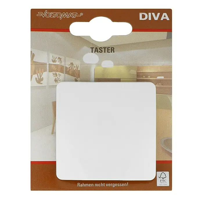 Voltomat DIVA Taster - Ultraweiß, 10 A - Das Bild zeigt eine weiße "Voltomat Diva Taster"-Abdeckung in ihrer Verpackung.