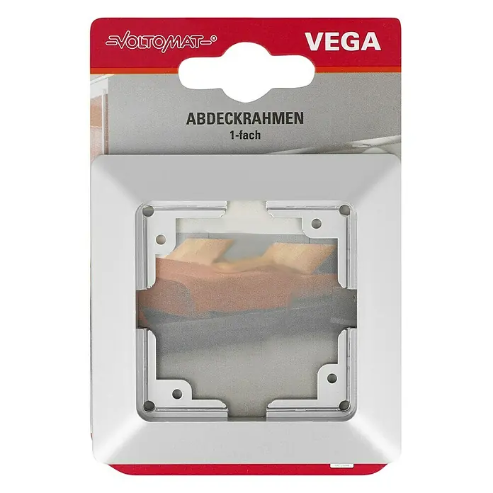 Voltomat VEGA Abdeckrahmen - Silber, 1-fach, Kunststoff - Das Bild zeigt einen VEGA Abdeckrahmen 1-fach von VoltomAT®, eine stilvolle Ergänzung für jede Schalterinstallation, verpackt und bereit zur Montage.