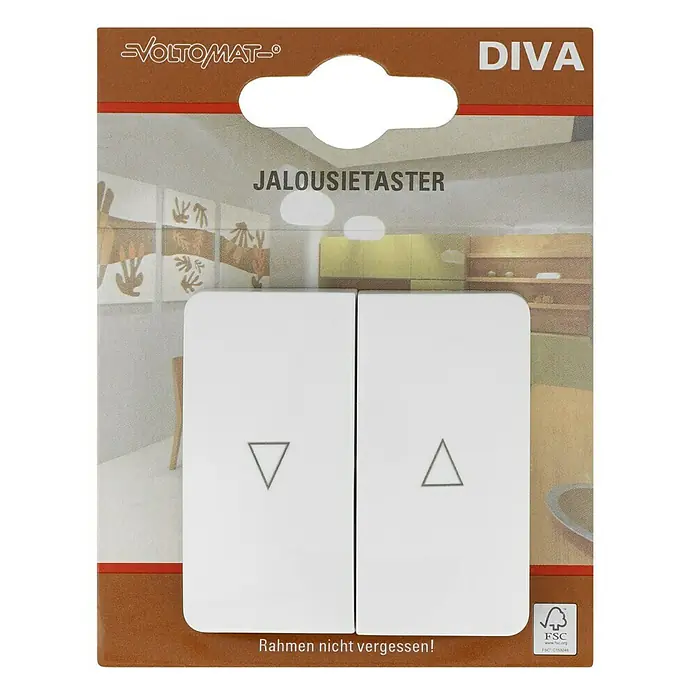 Voltomat DIVA Jalousietaster - Ultraweiß, Glänzend, Unterputzmontage, 10 A - Voltomat Diva Jalousietaster: Ein praktischer Schalter zum Steuern von Jalousien, präsentiert in einer braunen Verpackung.