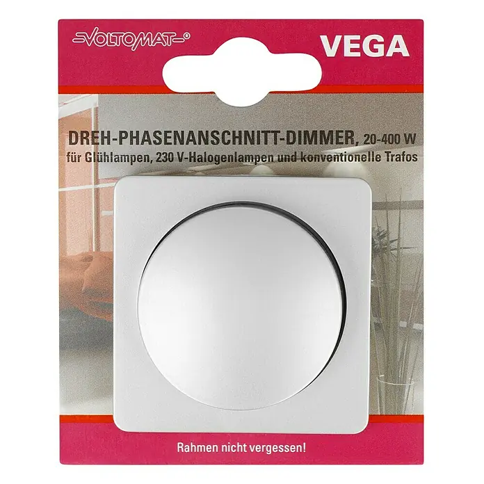 Voltomat VEGA Dimmer für konventionelle Trafos - Silber - Verpackung eines VOLTOMAT-Drehphasenanschnitt-Dimmers VEGA, 20-400 W, für Glühlampen, 230 V-Halogenlampen und konventionelle Trafos.