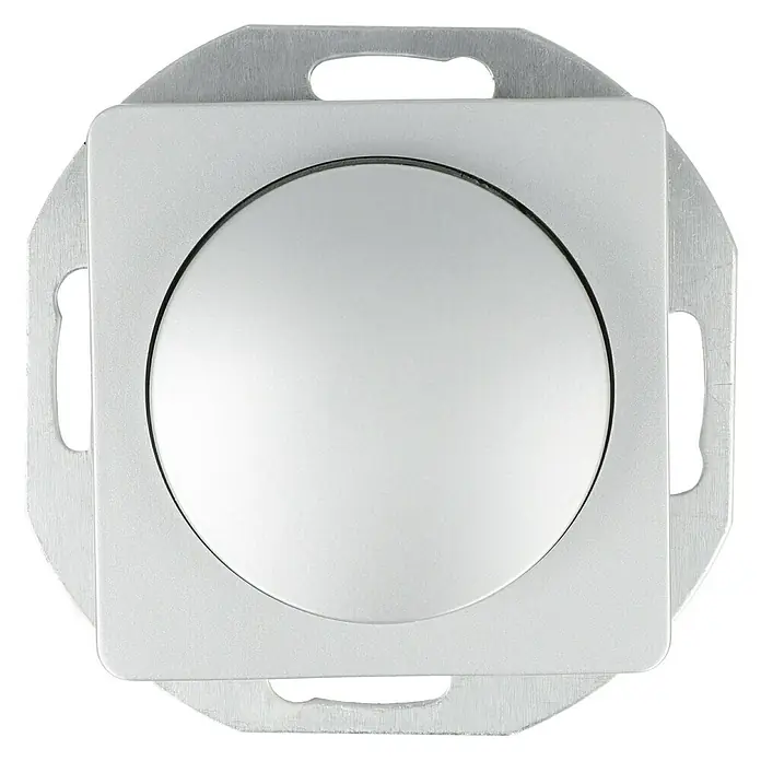 Voltomat VEGA Dimmer für elektronische Trafos - Silber - Nahaufnahme eines runden, silberfarbenen Lichtschalters mit quadratischer Blende und Montageplatte. Perfekt für moderne Innenräume.