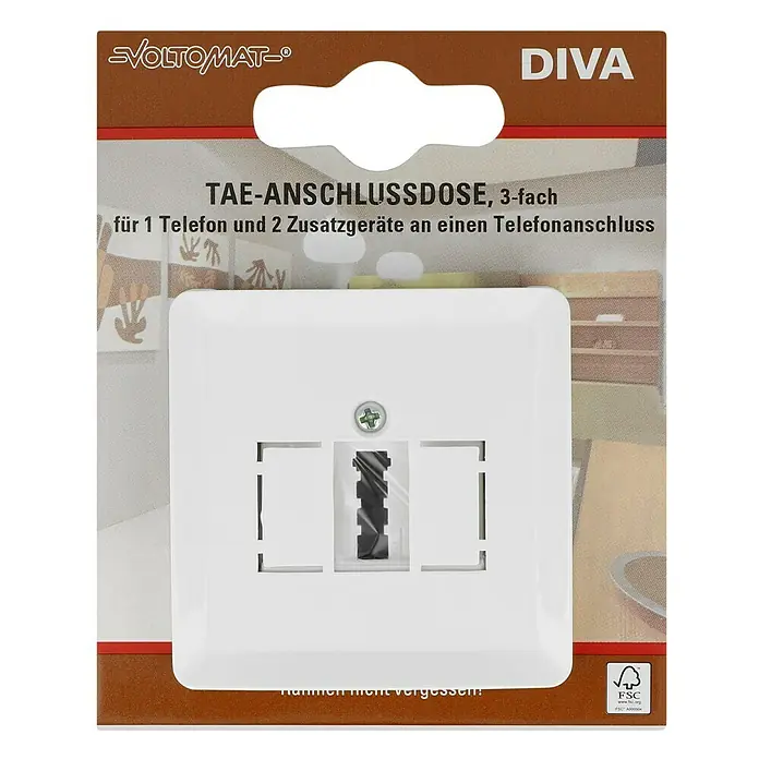 Voltomat DIVA TAE-Telefondose - Ultraweiß - TAE-Anschlussdose von VoltomAT- Diva für 1 Telefon und 2 Zusatzgeräte. Die Dose ist 3-fach und ermöglicht den Anschluss mehrerer Geräte.