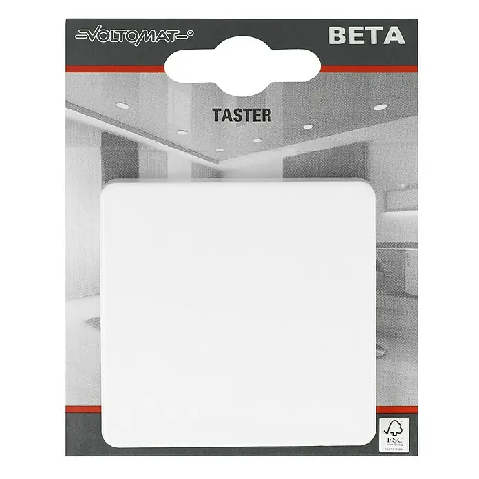 Voltomat BETA Taster - Ultraweiß, Glänzend, Unterputzmontage, 10 A - Abbildung einer Voltomar Beta Taster Abdeckung in Weiß, verpackt in einer grauen Verpackung mit rotem Akzent und FSC-Logo.