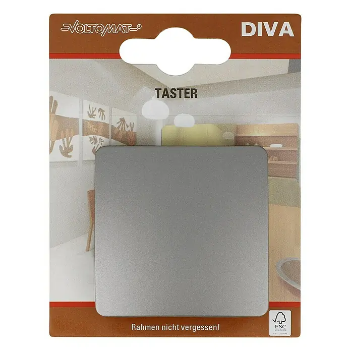 Voltomat DIVA Taster - Platin, 10 A - Ein Voltomaten Diva Taster-Muster in Silber präsentiert auf der Produktverpackung.
