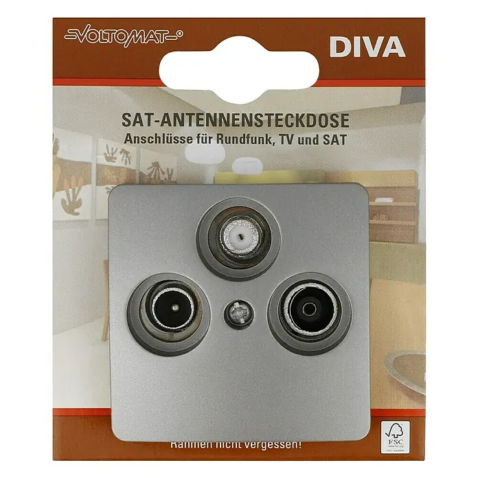 Voltomat DIVA Antennendose SAT - Platin - Verpackung einer Voltomaten Sat-Antennensteckdose "Diva" mit Anschlüssen für Rundfunk, TV und SAT, silberfarben, für den Innenbereich.