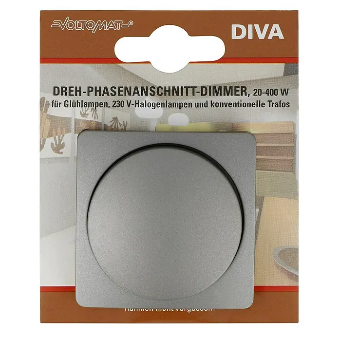 Voltomat DIVA Dimmer für konventionelle Trafos - Platin - Verpackung eines Voltomat Diva Drehphasenanschnitt-Dimmers, 20-400 W für Glühlampen, 230 V-Halogenlampen und konventionelle Trafos.