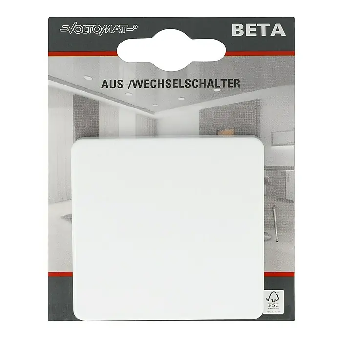 Voltomat BETA Wechselschalter - Ultraweiß, Glänzend, Unterputzmontage, 10 A - Verpackung eines VOLTOMAT BETA Aus-/Wechselschalters in Weiß. Der Schalter ist für den Einsatz in Innenräumen konzipiert.