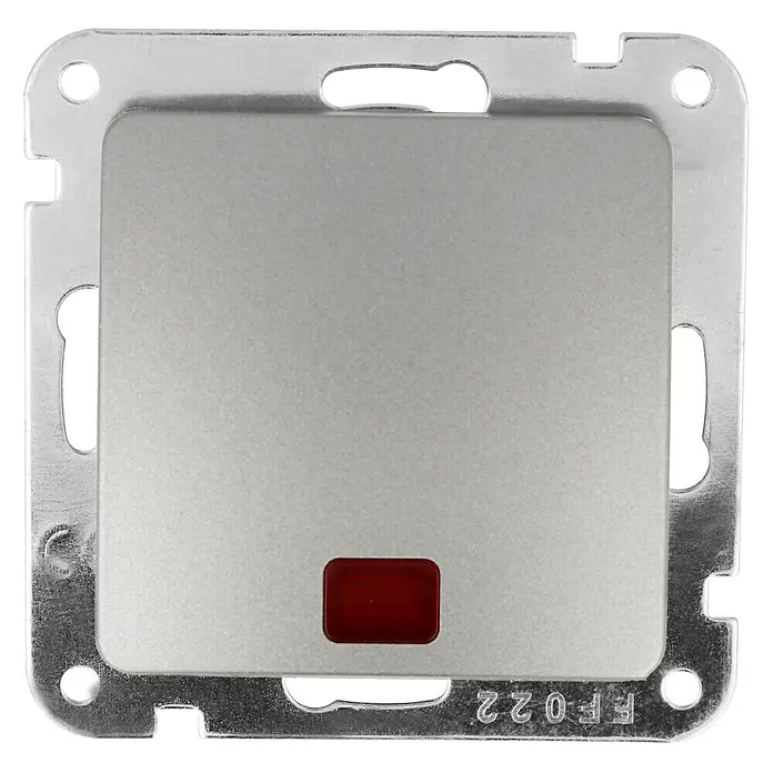 Voltomat DIVA Kontrollschalter - Platin, 10 A - Nahaufnahme eines silbernen Lichtschalters mit roter Anzeige und quadratischer Blende.