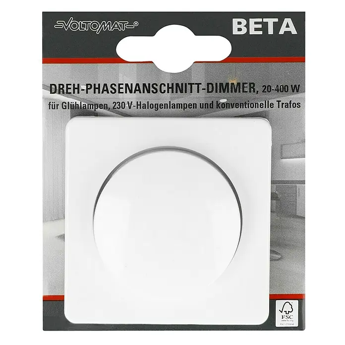 Voltomat BETA Dimmer für konventionelle Trafos - Ultraweiß - Bild einer "Voltomát BETA" Phasenanschnittdimmer-Verpackung mit Dimmer-Einsatz für Glühlampen, 230V-Halogenlampen und konventionelle Trafos.