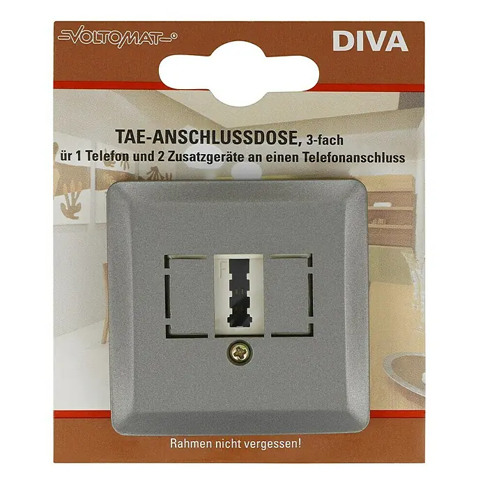 Voltomat DIVA TAE-Telefondose - Platin - Verpackung einer TAE-Anschlussdose 3-fach von Voltomat Diva. Ermöglicht den Anschluss von Telefon und zwei Zusatzgeräten.