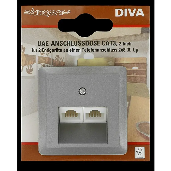 Voltomat DIVA UAE-Dose - Platin, Kunststoff - Produktfoto einer Voltomat Diva UAE-Anschlussdose CAT3, 2-fach für den Telefonanschluss mit zwei Endgeräten in Grau.