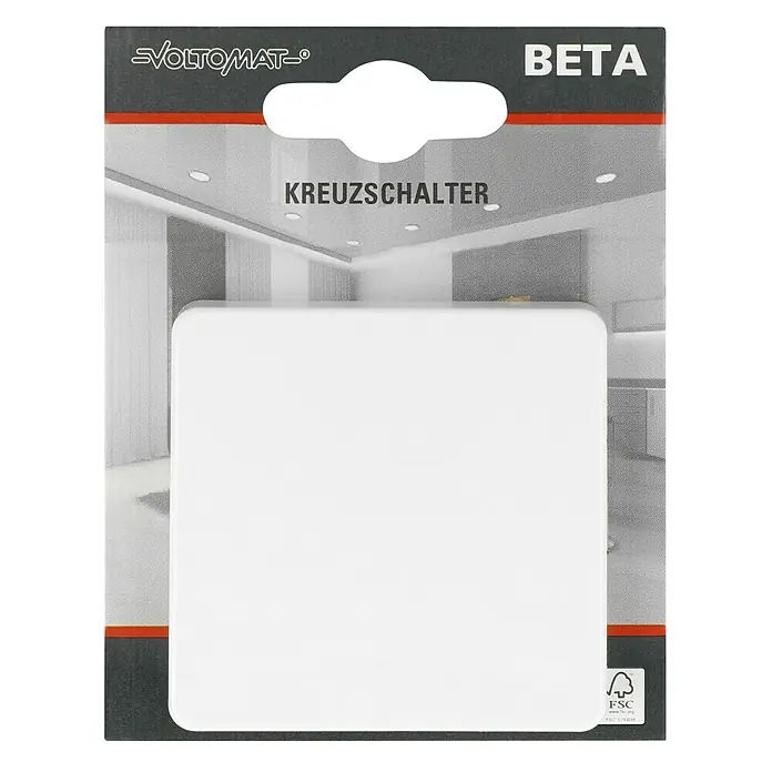 Voltomat BETA Kreuzschalter - Ultraweiß, Glänzend, Unterputzmontage, 10 A - Ein VOLTOMAT Beta Kreuzschalter in Weiß auf einer Verkaufsverpackung mit Produktinformationen.