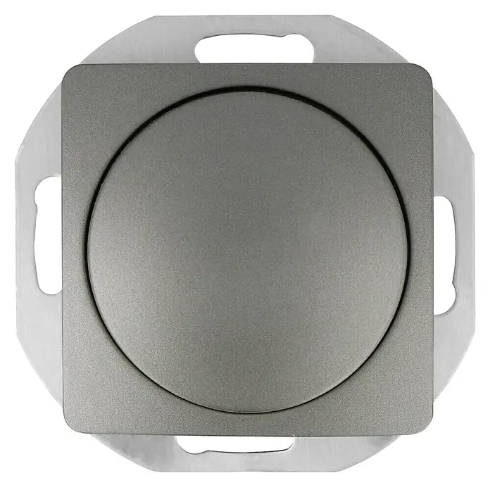 Voltomat DIVA LED-DimmerPlatin, Kunststoff - Nahaufnahme eines grauen, runden Lichtschalters mit silberner Umrandung vor einem schwarzen Hintergrund. Elegantes Design für modernes Interieur.