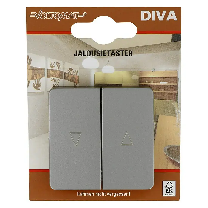 Voltomat DIVA Jalousietaster - Platin, Glänzend, Unterputzmontage, 10 A - Voltomat Diva Jalousietaster in Grau. Das Produkt ist in einer braunen Verpackung, auf der der Produktname und das Logo des Herstellers abgebildet sind.
