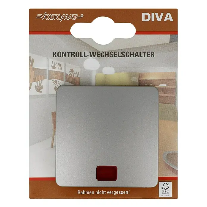 Voltomat DIVA Kontrollschalter - Platin, 10 A - Verpackung eines Voltomaten Diva Kontroll-Wechselschalters mit rotem Lichtsignal und dem Hinweis "Rahmen nicht vergessen!".