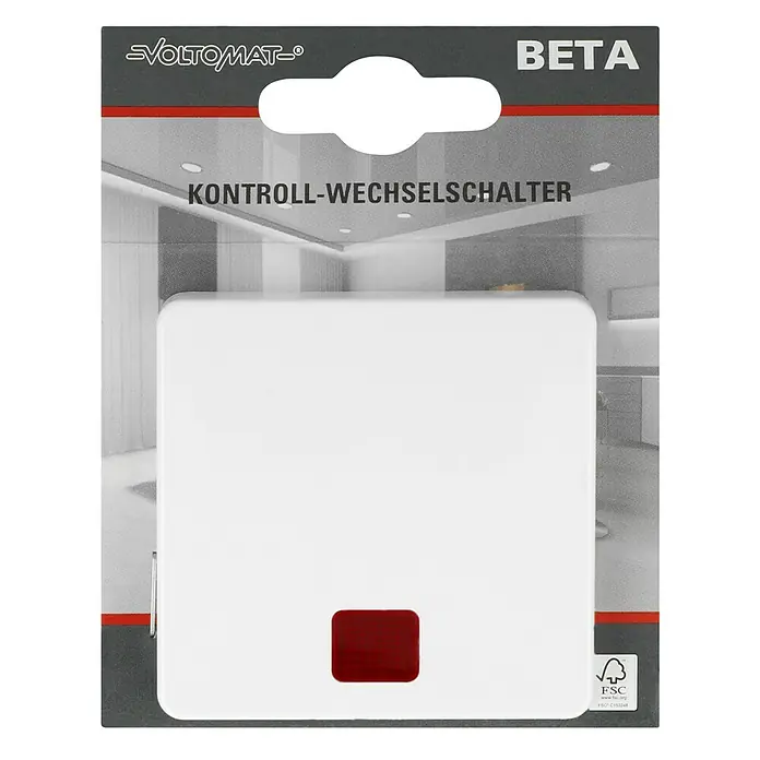 Voltomat BETA Kontrollschalter - Ultraweiß, Glänzend, Unterputzmontage, 10 A - Verpackung eines Voltomat BETA Kontroll-Wechselschalters mit roter Leuchtdiode.