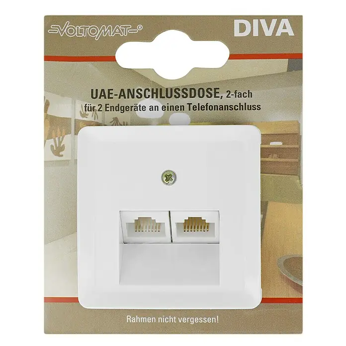 Voltomat DIVA UAE-Dose - Ultraweiß, Kunststoff - Produktverpackung einer weißen Voltomaten DIVA UAE-Anschlussdose, 2-fach für den Telefonanschluss, mit dem Hinweis: Rahmen nicht vergessen!