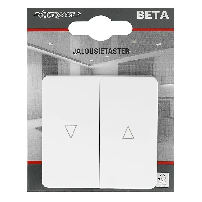 Voltomat BETA Jalousietaster - Ultraweiß, Glänzend, Unterputzmontage, 10 A - Das Bild zeigt ein VOLTOMAT BETA Jalousietaster-Set in Weiß mit Pfeilen zur Steuerung der Jalousien, verpackt und zum Verkauf bereit.