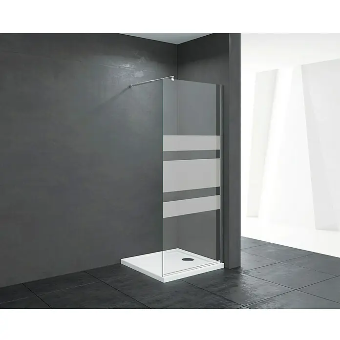 Mampara de ducha fija Ebon - An x Al: 100 x 190 cm, 8 mm, Cromo - Mampara de ducha con vidrio transparente y rayas blancas, ideal para baños modernos.\n