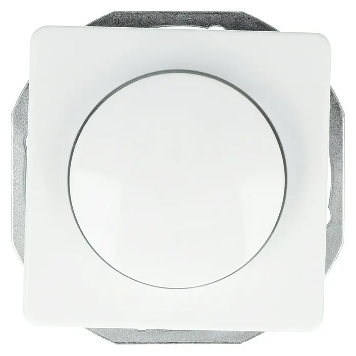 Voltomat BETA Dimmer für konventionelle Trafos - Ultraweiß - Eine Nahaufnahme einer weißen, quadratischen LED-Deckenleuchte mit runder Aussparung und einer Metallhalterung.