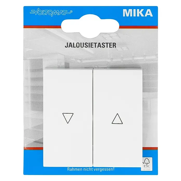 Voltomat MIKA Jalousietaster - Ultraweiß, Glänzend, Unterputzmontage, 10 A - Das Bild zeigt eine MIKA Jalousietaster-Schalterwippe in einer Verpackung, ideal für die Rollladensteuerung im Haus.