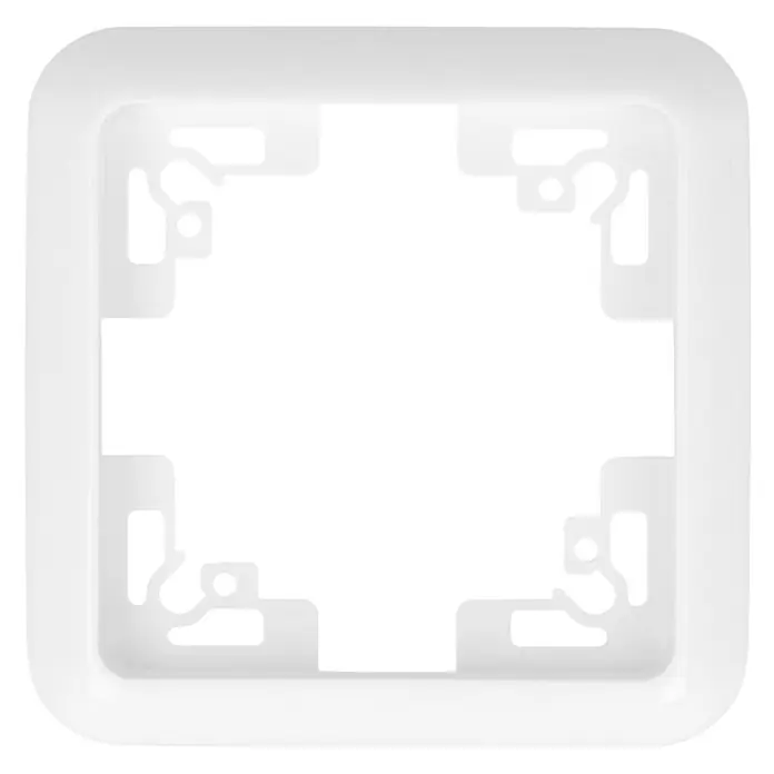 Voltomat BETA Abdeckrahmen - Ultraweiß, 1-fach, Kunststoff - Nahaufnahme einer weißen Montageplatte für die Wandmontage. Quadratisches Design mit inneren Aussparungen für die Installation.