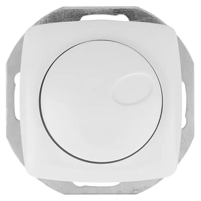 UniTEC Roma Dimmer - 20 W - 400 W - Nahaufnahme eines weißen Lichtschalters mit runder Taste und silberner Halterung vor schwarzem Hintergrund.
