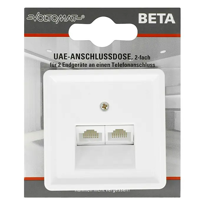 Voltomat BETA UAE-Dose - 2-fach, Ultraweiß, Glänzend, Unterputzmontage - Abbildung einer Voltomatt UAE-Anschlussdose, 2-fach, für den Anschluss von zwei Endgeräten an einen Telefonanschluss.