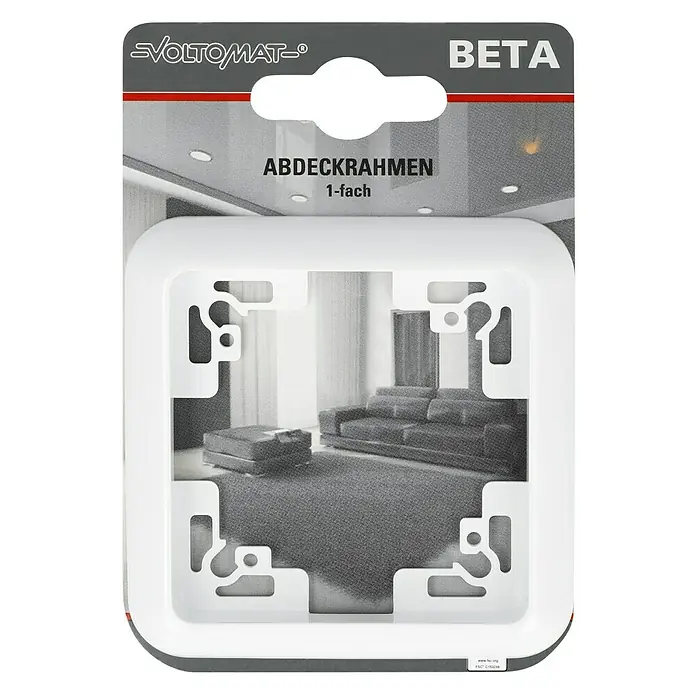 Voltomat BETA Abdeckrahmen - Ultraweiß, 1-fach, Kunststoff - Das Bild zeigt eine Einzel-Abdeckrahmen von Voltomat Beta, ein praktisches Zubehör für Schalter und Steckdosen, in weißer Farbe.