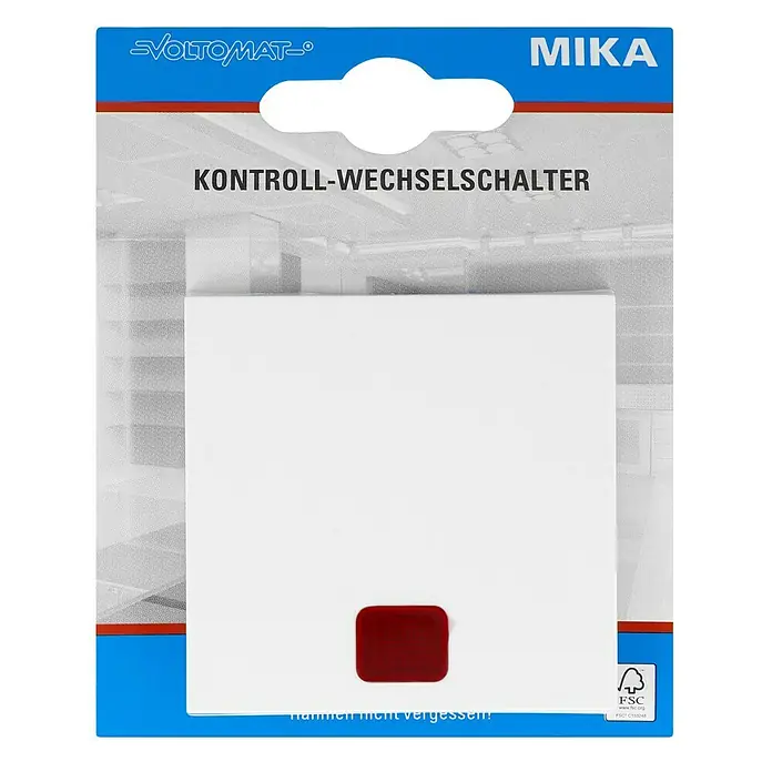 Voltomat MIKA Kontrollschalter - Ultraweiß, Glänzend, Unterputzmontage, 10 A - Nahaufnahme eines Voltomaten MIKA Kontroll-Wechselschalters in seiner Verpackung.