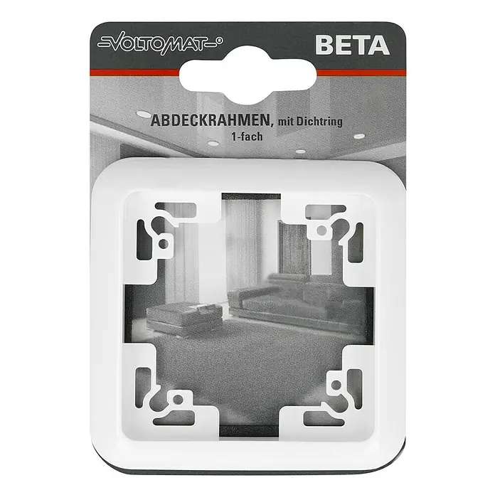 Voltomat BETA Abdeckrahmen IP44 - Ultraweiß, 1-fach, Kunststoff - Produktfoto eines VOLTOMAT BETA Abdeckrahmens, mit Dichtring, 1-fach. Ein nützliches Zubehör für Elektroinstallationen in Ihrem Zuhause oder Büro.