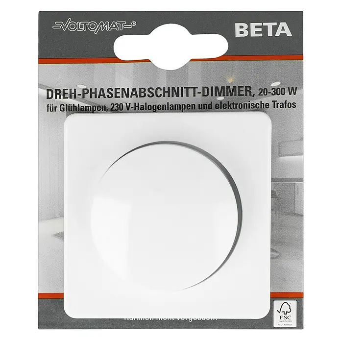 Voltomat BETA Dimmer für elektronische Trafos - Ultraweiß - Produktverpackung eines VOLTOMAT-Drehphasenabschnitt-Dimmers für Glühlampen, Halogenlampen und elektronische Trafos.