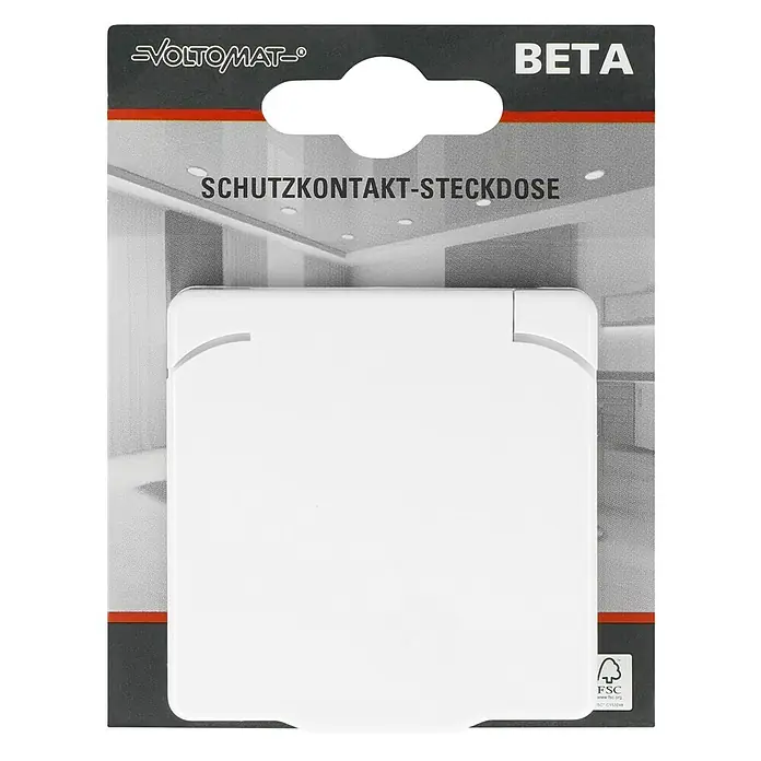 Voltomat BETA Klappdeckelsteckdose - Ultraweiß, Glänzend, 16 A, Unterputzmontage - Eine Voltomart Beta Schutzkontakt-Steckdose in einer Produktverpackung, mit FSC-Siegel für nachhaltige Forstwirtschaft.