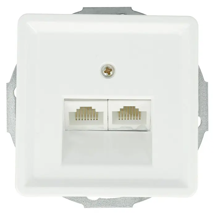 Voltomat BETA UAE-Dose - 2-fach, Ultraweiß, Glänzend, Unterputzmontage - Weiße Doppel-RJ45-Wanddose mit Metalleinfassung und Schraube, ideal für Netzwerkanschlüsse im Haus oder Büro.