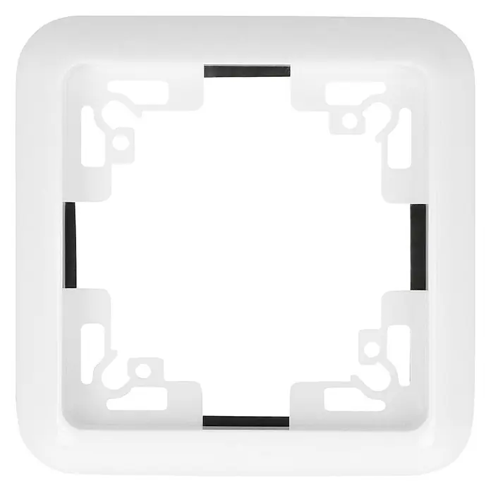 Voltomat BETA Abdeckrahmen IP44 - Ultraweiß, 1-fach, Kunststoff - Nahaufnahme eines weißen Unterputzrahmens, quadratisch mit abgerundeten Ecken. Ideal für Schalter und Steckdosen.