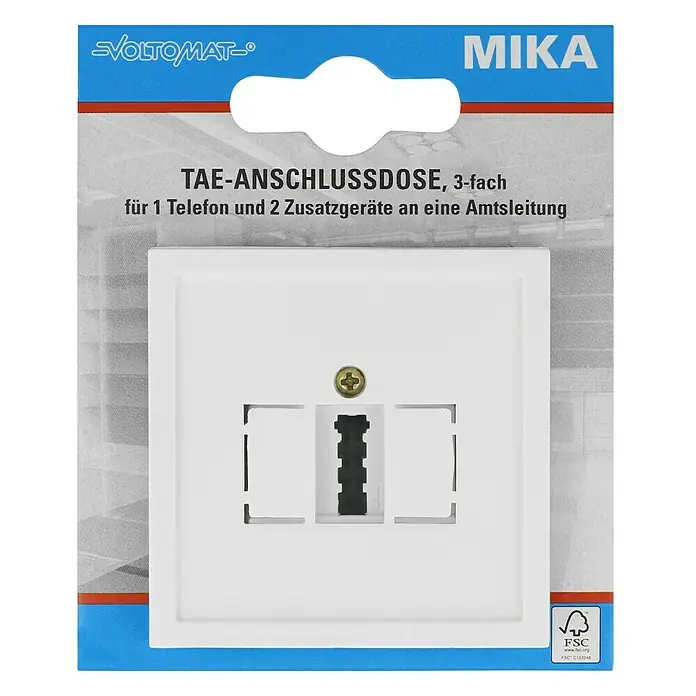 Voltomat MIKA TAE-Telefondose - Ultraweiß, Glänzend, Unterputzmontage - Abbildung einer MIKA TAE-Anschlussdose, 3-fach, für den Anschluss von Telefonen und Zusatzgeräten. Verpackt in blau-weißem Karton mit FSC-Siegel.