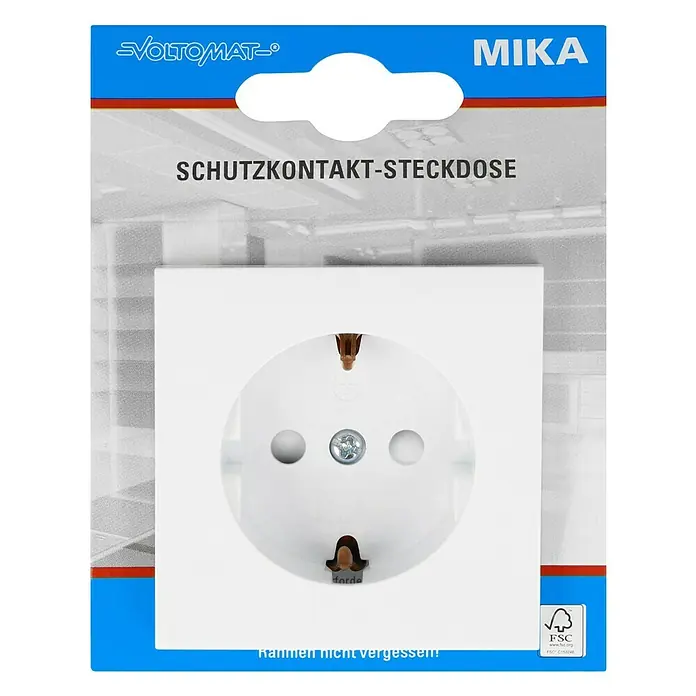 Voltomat MIKA Steckdose mit erhöhtem Berührungsschutz - Ultraweiß, Glänzend, Kunststoff, Unterputzmontage - Ein MIKA Schutzkontakt-Steckdose von Voltomar, verpackt in einer blauen Pappschachtel, mit der Aufschrift "Rahmen nicht vergessen!".